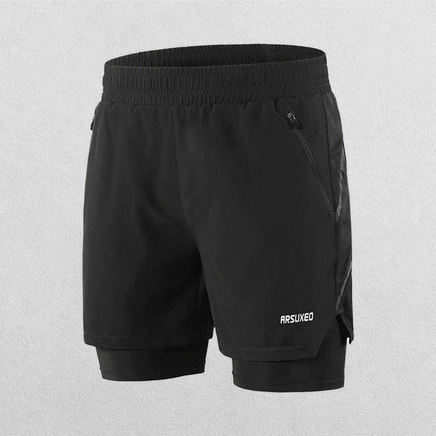 Close-up of Black Men’s Breathable 2-in-1 Gym Shorts with Zipper Pockets & Drawstring Fit in a studio background