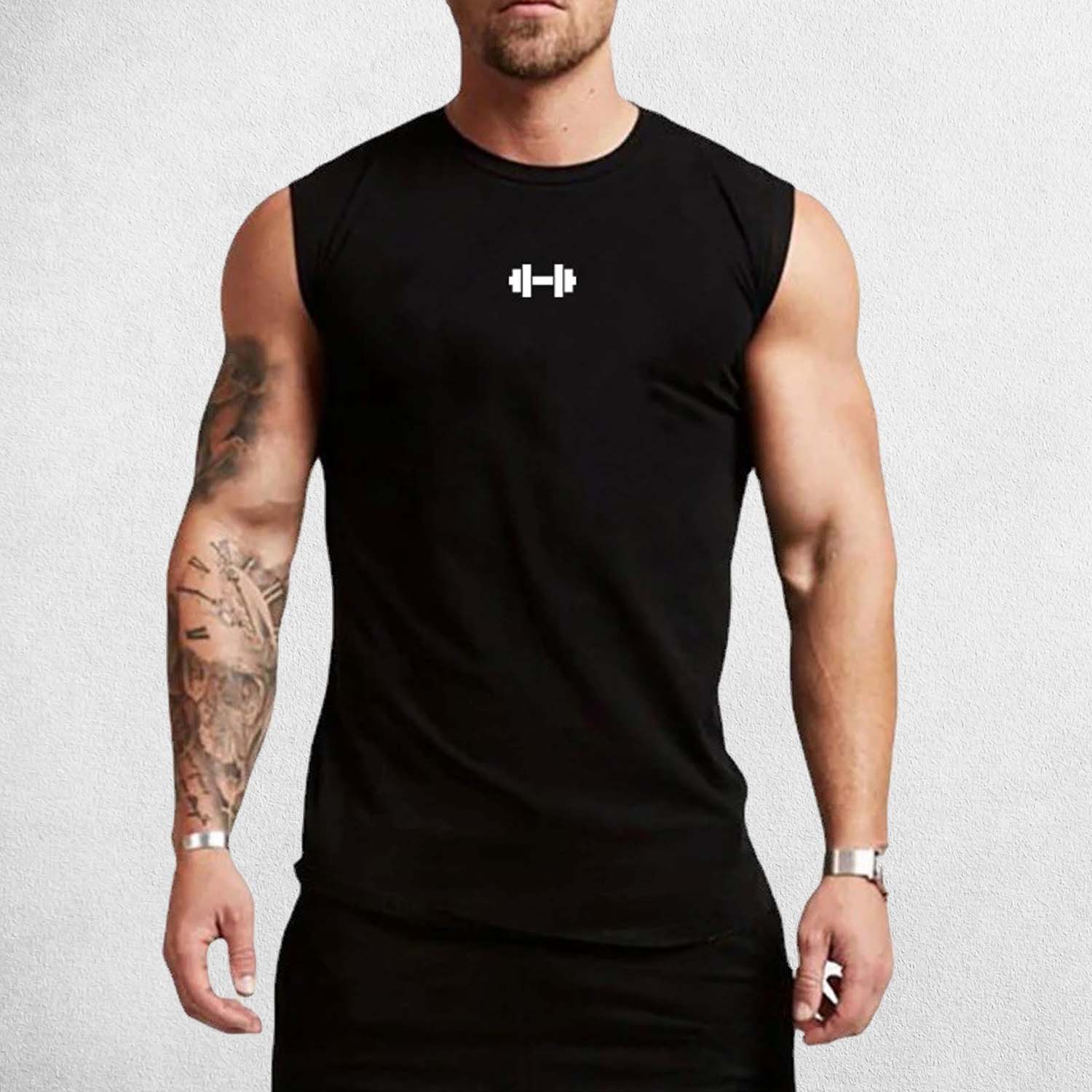 Front View of Model Wearing Black Men’s Compression Gym Tank Top – Sleeveless Cotton Muscle Vest for Fitness & Bodybuilding