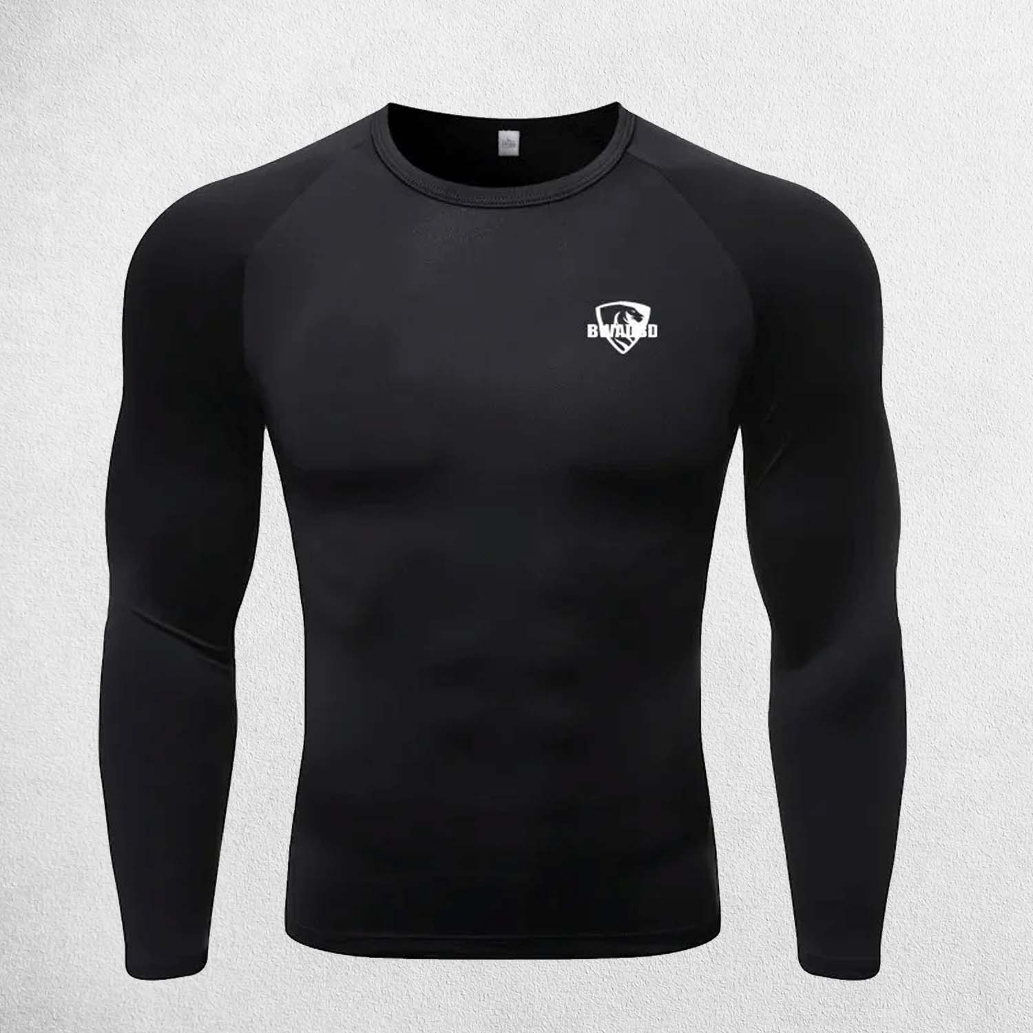Close Up of Black Men's Compression Quick-Dry Long Sleeve T-Shirt – Tight-Fit Gym & Running Sportswear for Training & Fitness