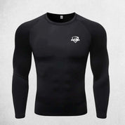 Close Up of Black Men's Compression Quick-Dry Long Sleeve T-Shirt – Tight-Fit Gym & Running Sportswear for Training & Fitness