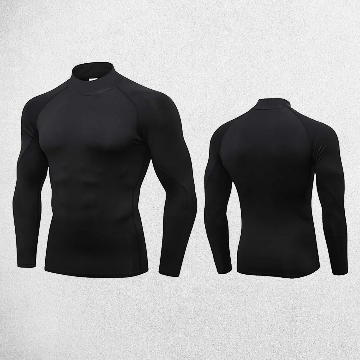 Front And Back view of Black Men’s Compression Turtleneck Long Sleeve Training Tee – Quick-Dry & Stretchable in a studio background