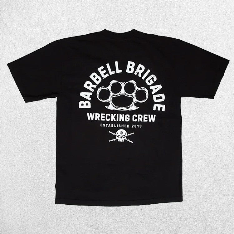 Back view of Black Men’s Cotton Bodybuilding Barbell Brigade Print Short Sleeve Muscle Gym Shirt