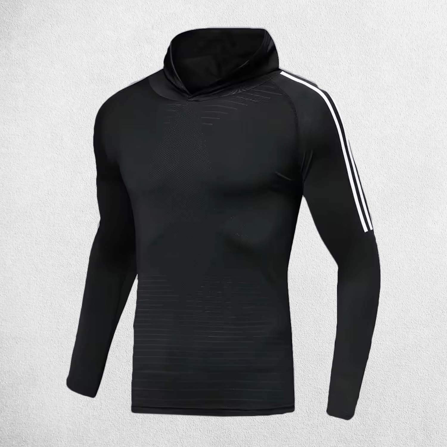 Black Men’s Fitness Gym Training Shirt – Front view showcasing high-elastic fabric and muscle-enhancing design lines.