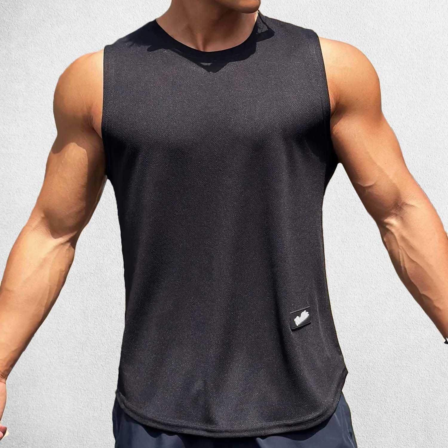 Front view of Black men’s gym tank top in breathable mesh fabric