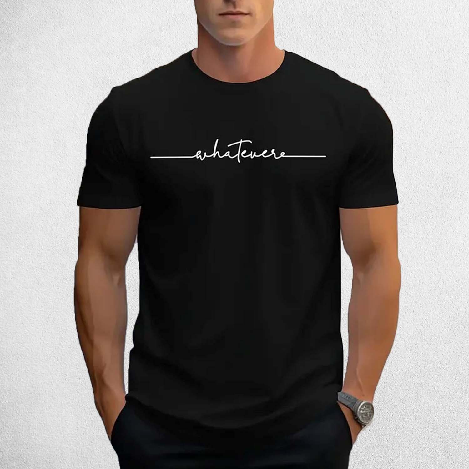 Front View of Model Wearing Black Men’s Letter Print Round Neck T-Shirt – Casual Breathable Summer Short-Sleeve Tee
