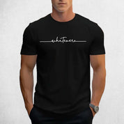 Front View of Model Wearing Black Men’s Letter Print Round Neck T-Shirt – Casual Breathable Summer Short-Sleeve Tee
