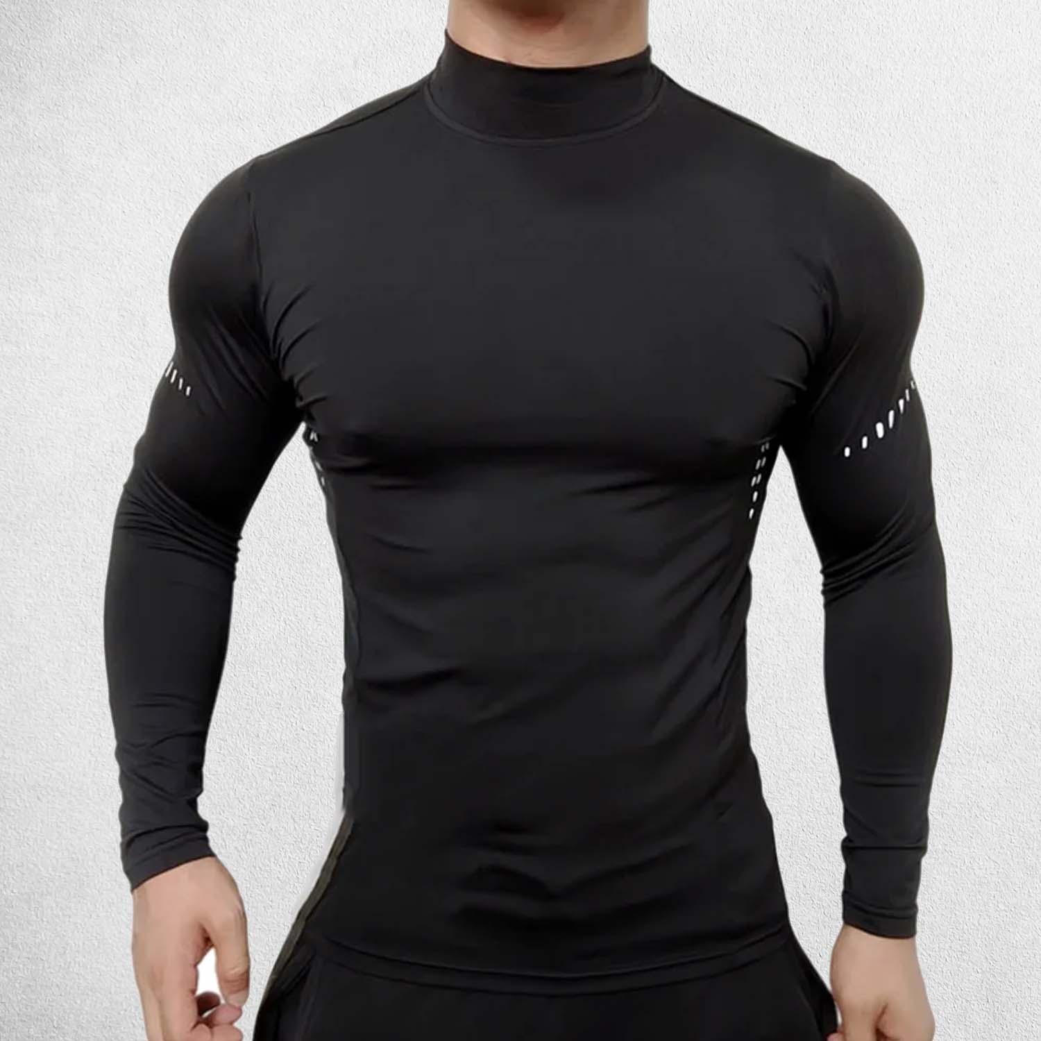 Front view of model wearing Black Men’s Long Sleeve Compression Shirt – Quick-Dry Athletic Training Tee