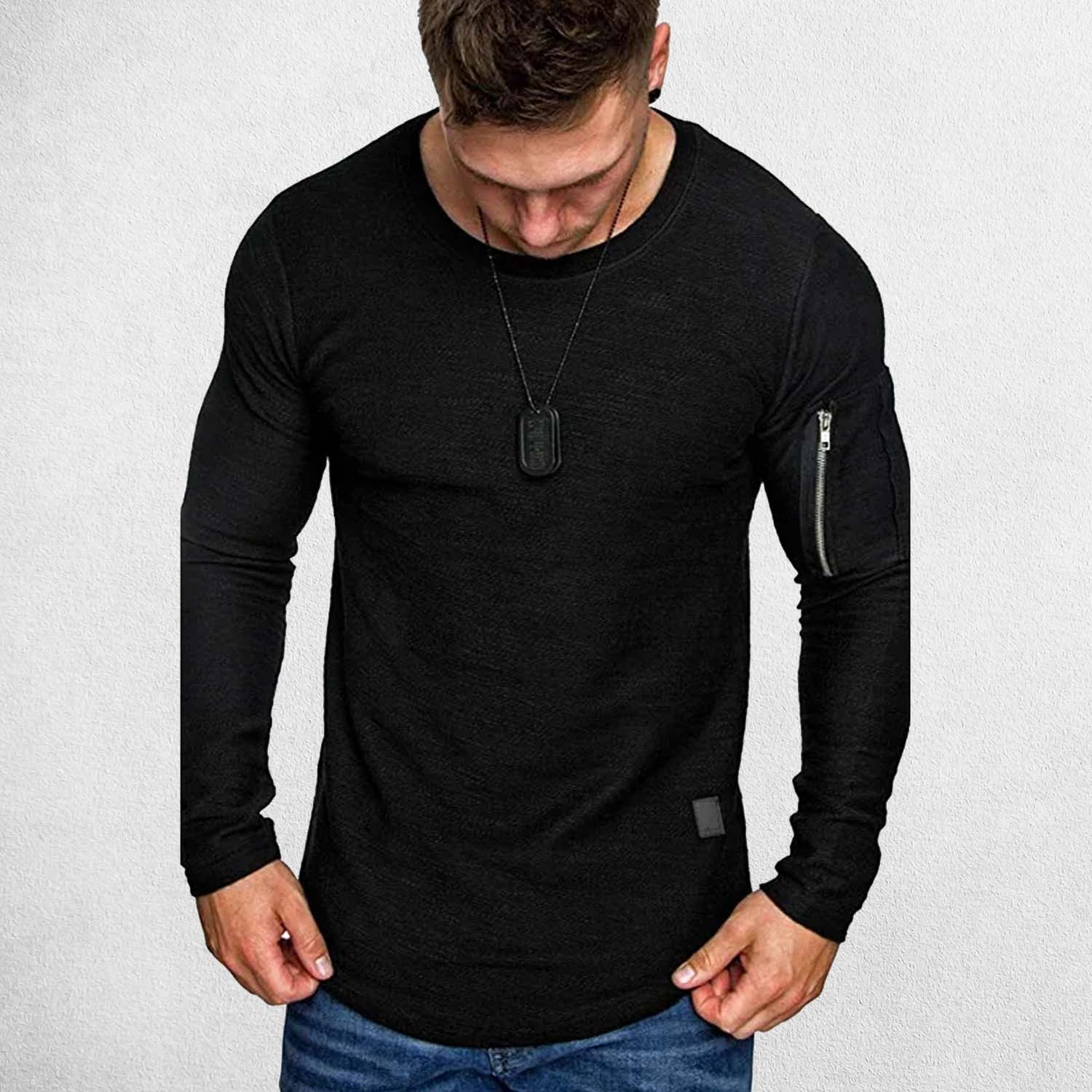 Model wearing a Black men’s long sleeve t-shirt in a casual outfit