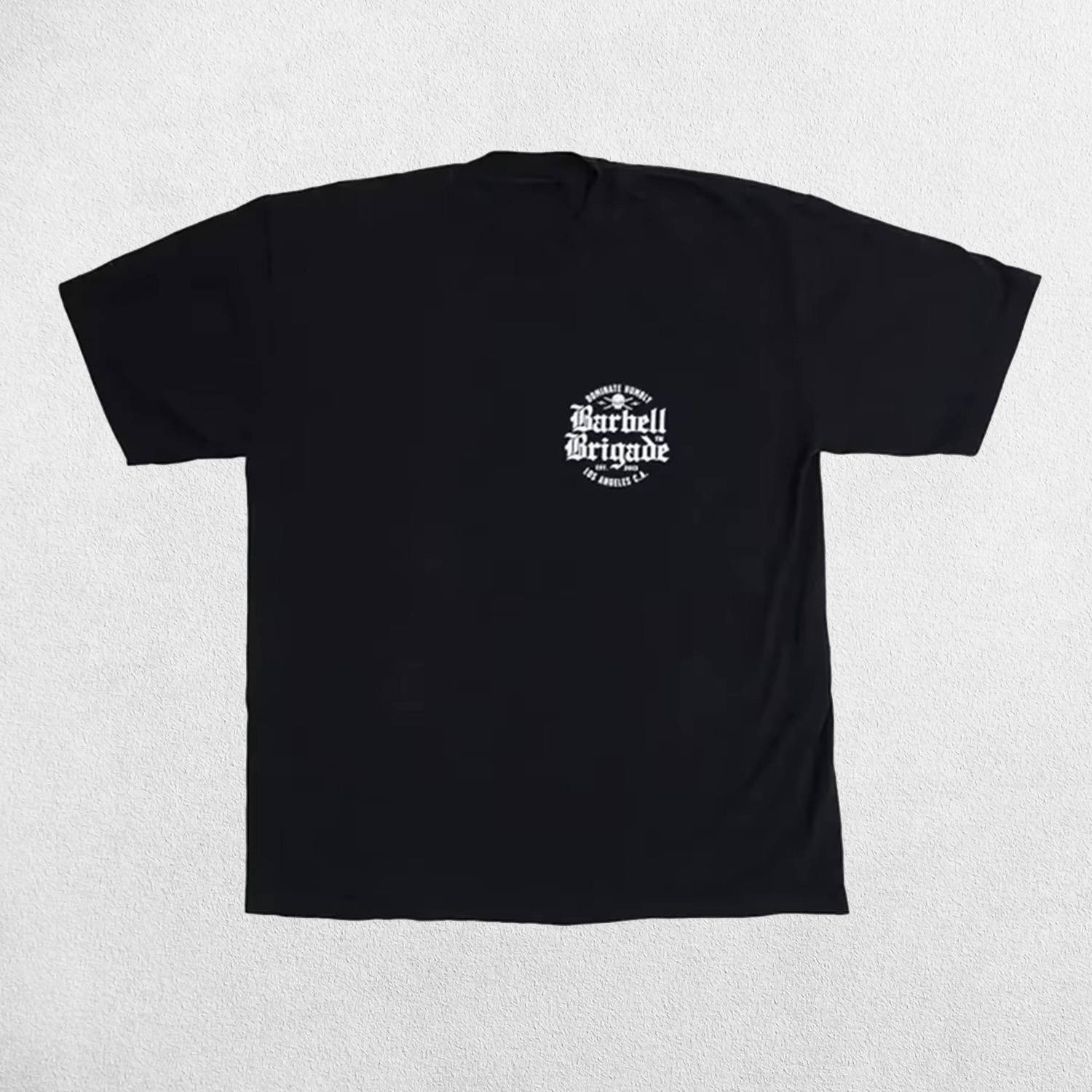 Front view of Black Men’s Barbell Brigade Cotton Workout Tee, loose-fit gym shirt.