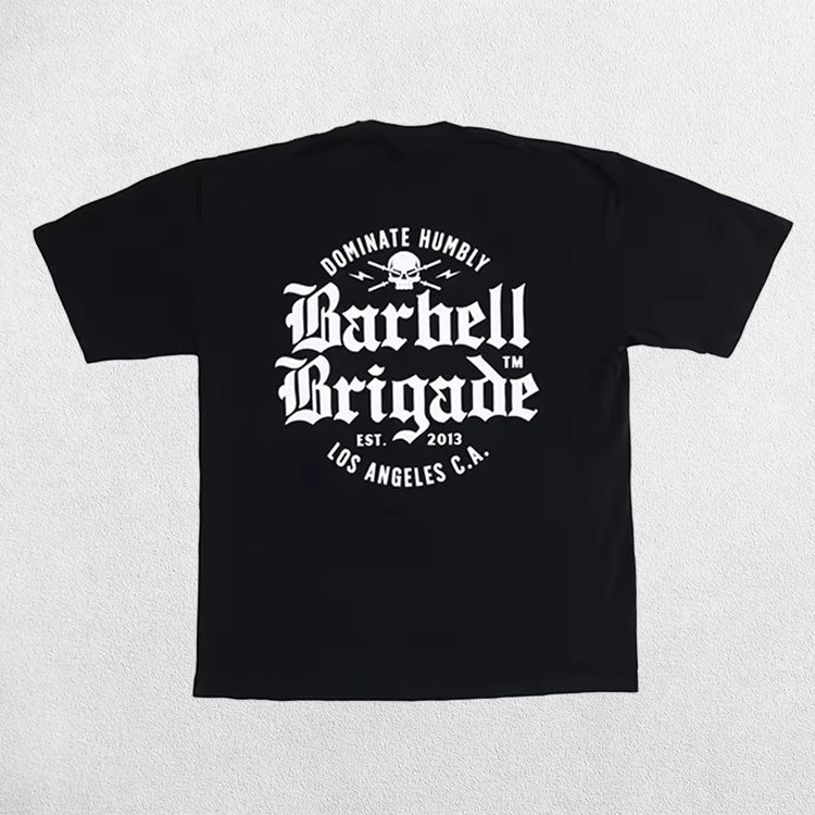 Back view of Black Men’s Barbell Brigade Cotton Workout Tee with bold print