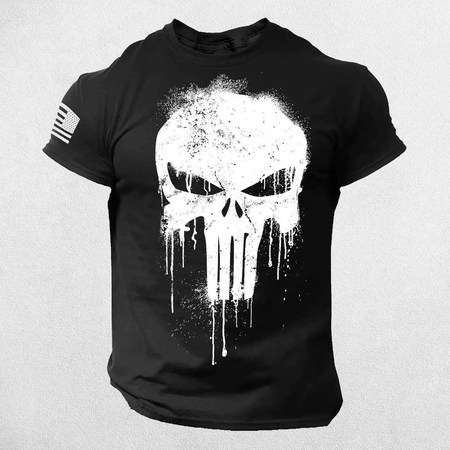 Front View of Black Men's Oversized 3D Patriotic Skull T-Shirt