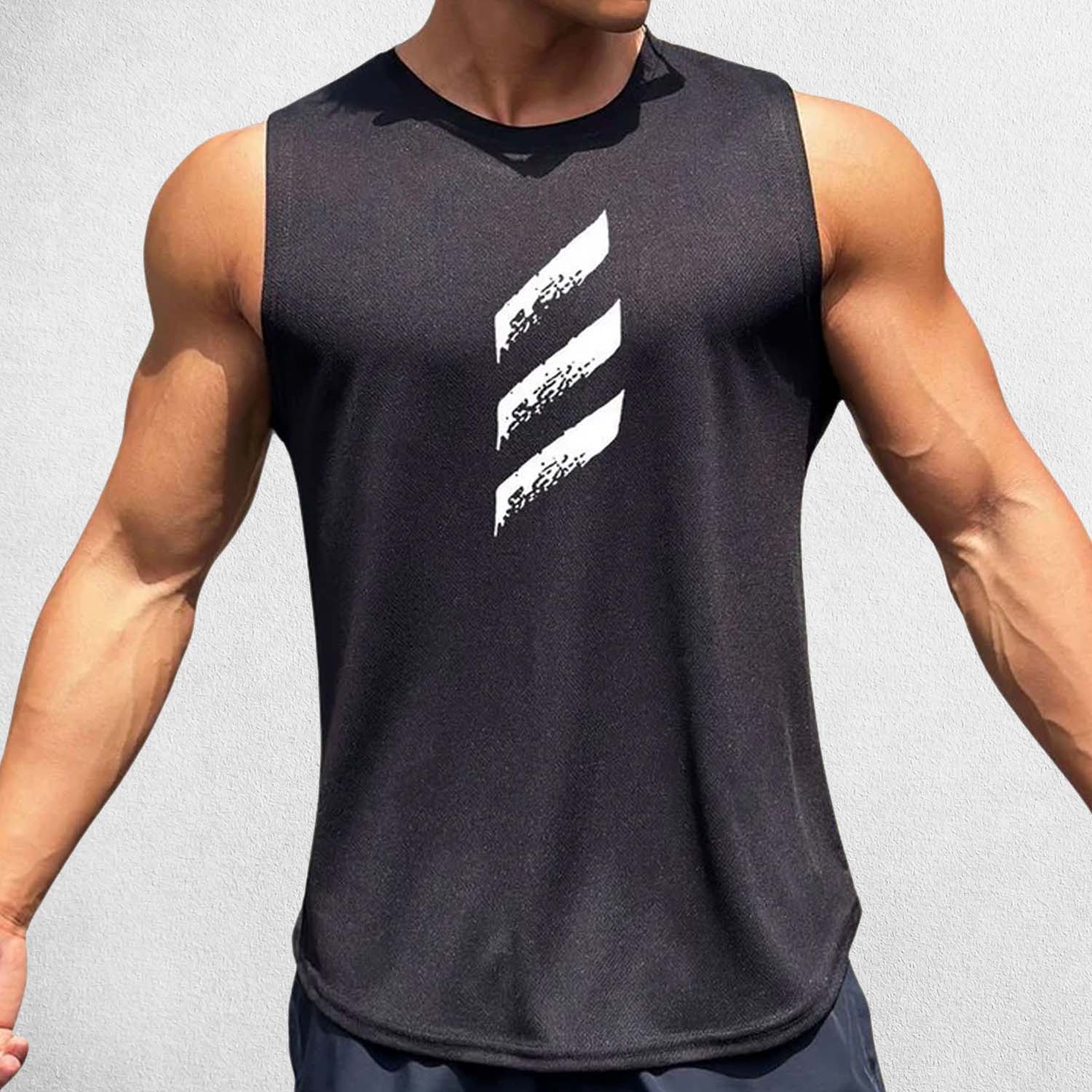 Front view of Black men’s quick-dry tank top in breathable mesh fabric