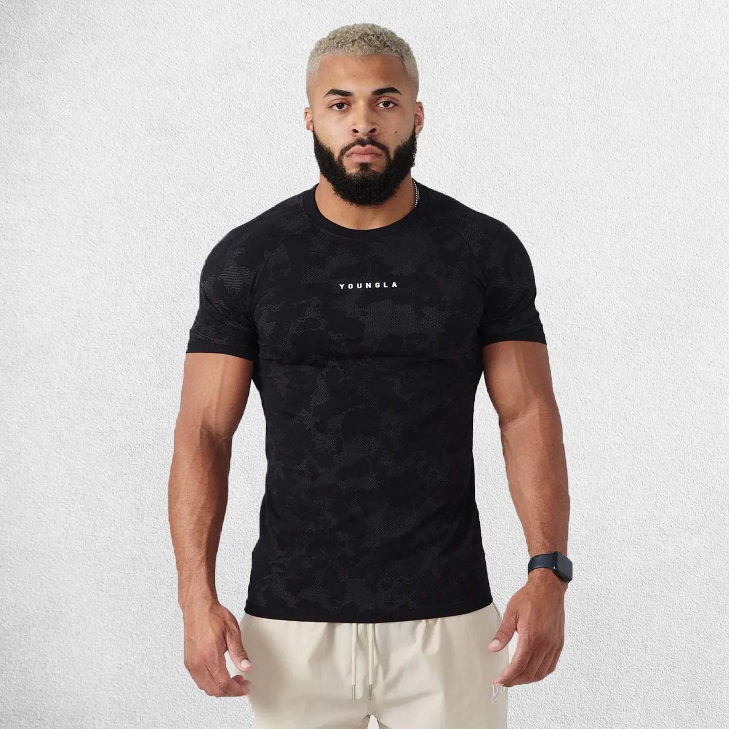 Front view showcasing raglan cut, YoungLA logo, and digital pattern for gym and sports.