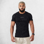 Front view showcasing raglan cut, YoungLA logo, and digital pattern for gym and sports.