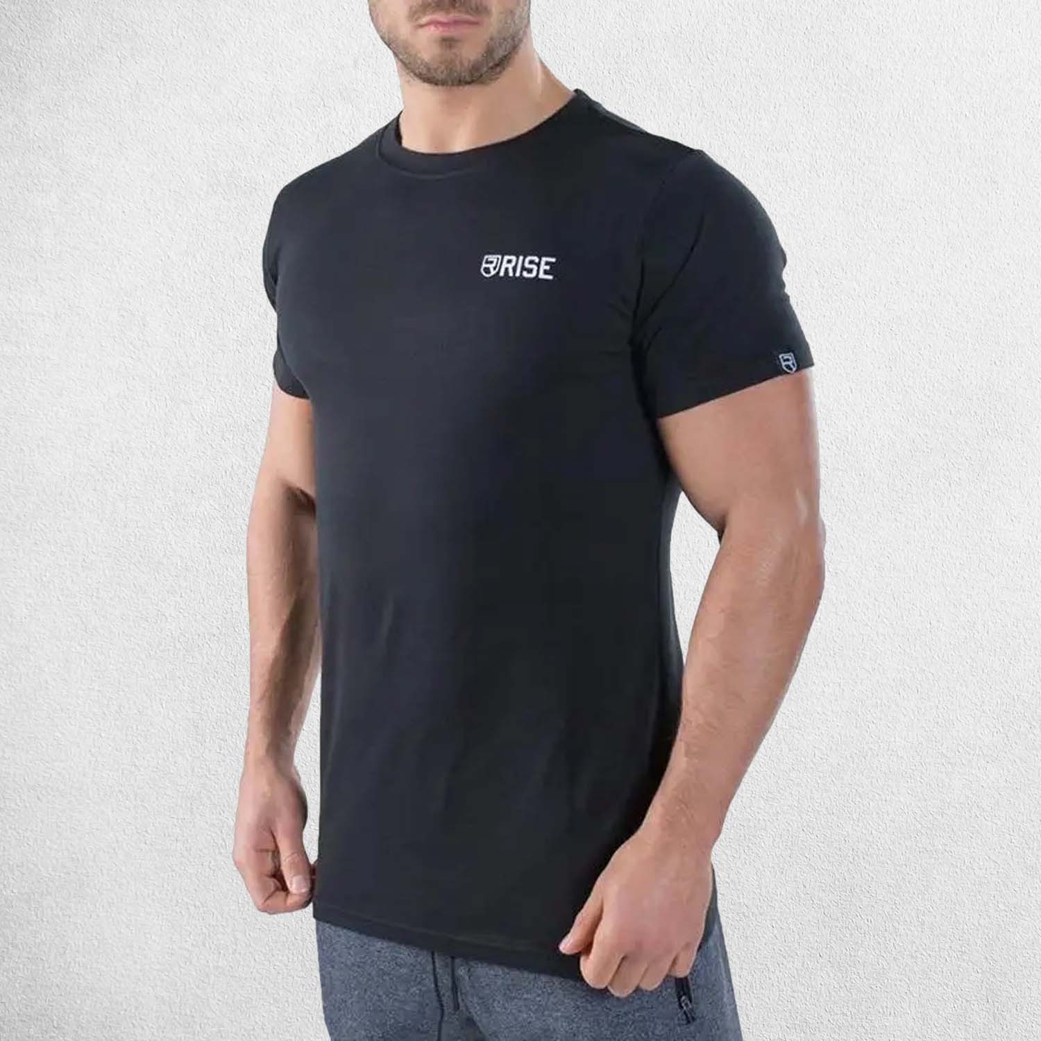 Front Pose of Model wearing Black Men’s Short Sleeve Stretch Cotton T-Shirt – Breathable, Slim Fit, Workout & Casual Wear