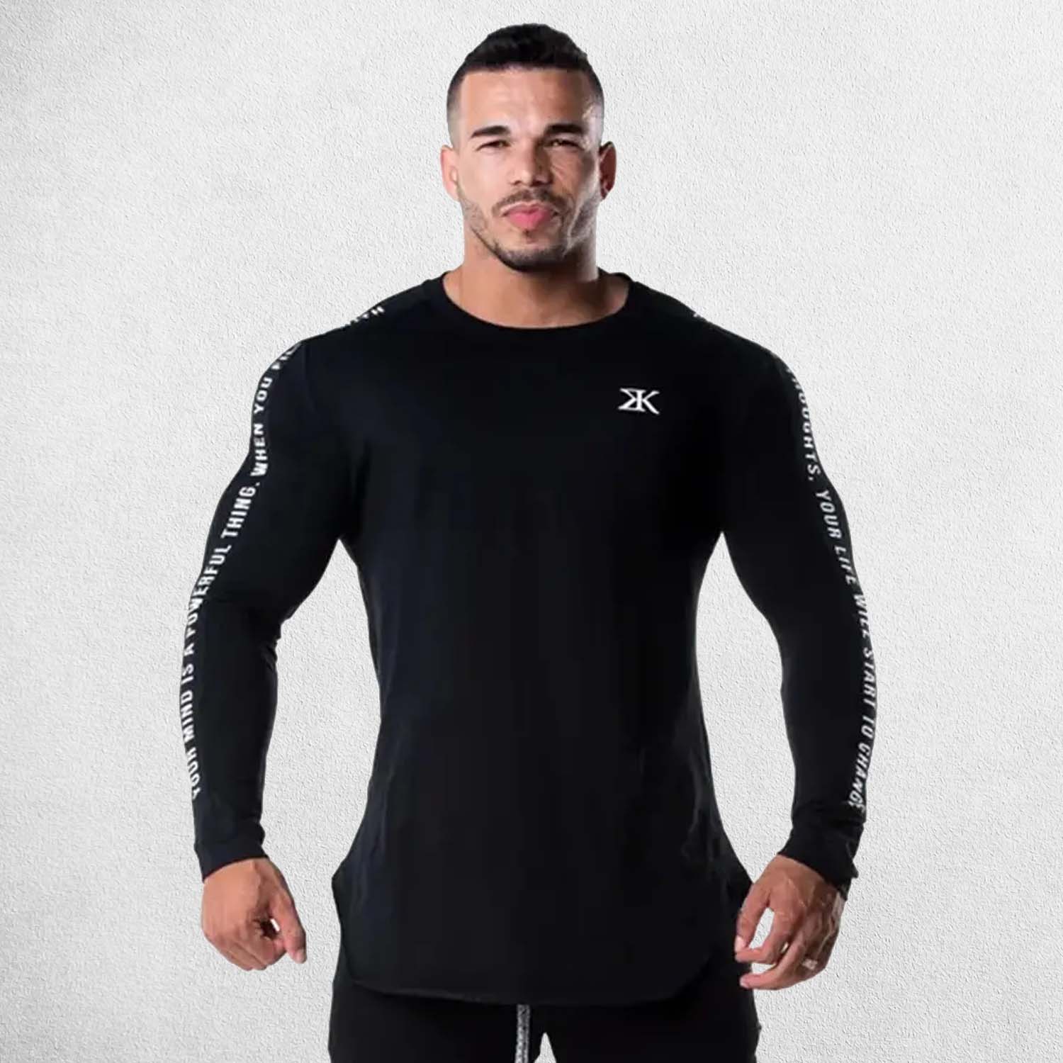 Black Men’s Skinny Long Sleeve Shirt – Front view showcasing fashion print design and slim fit for gym and casual wear.