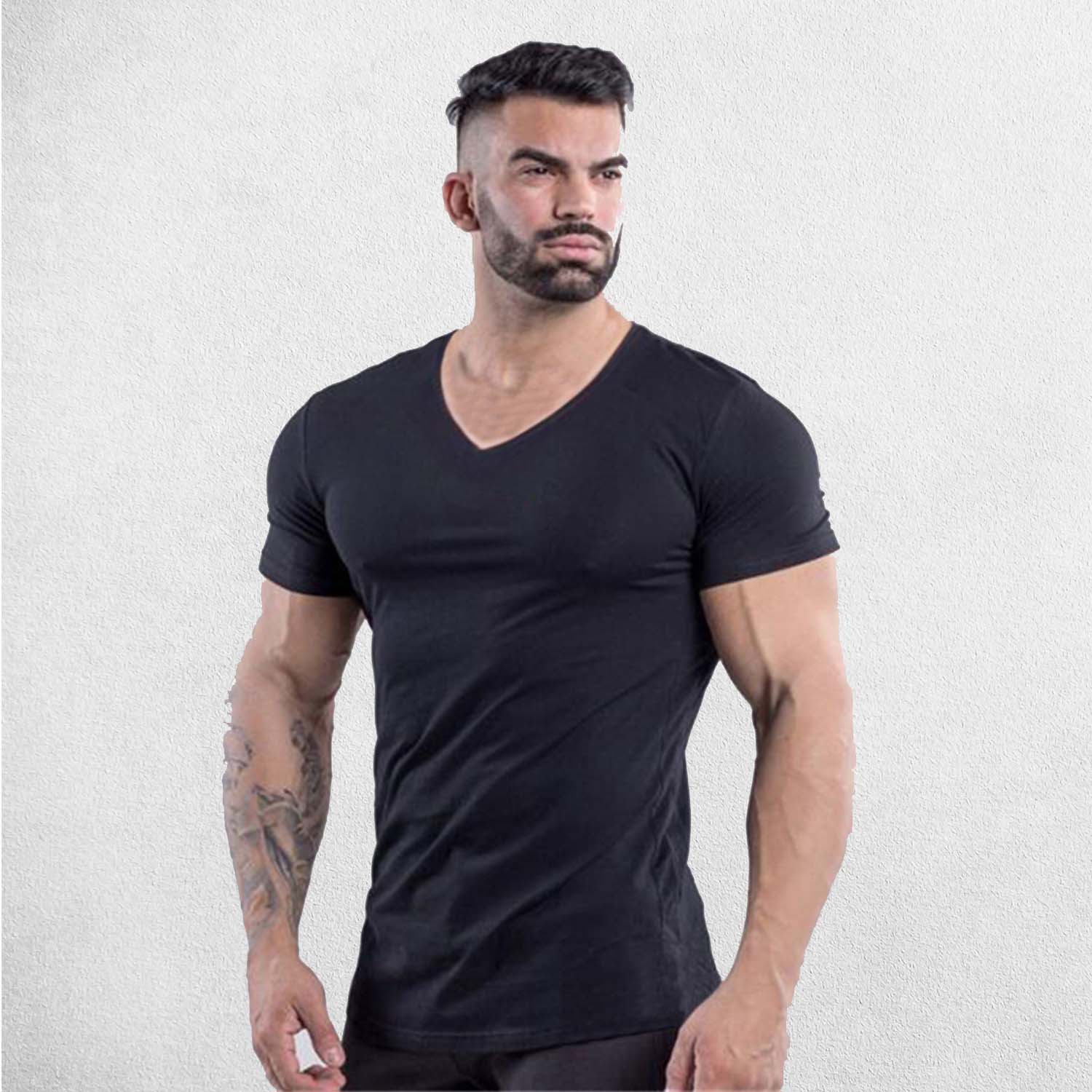 Front View of Model Wearing Black Men’s Slim-Fit Cotton Gym T-Shirt – V-Neck Short Sleeve Workout & Bodybuilding Tee