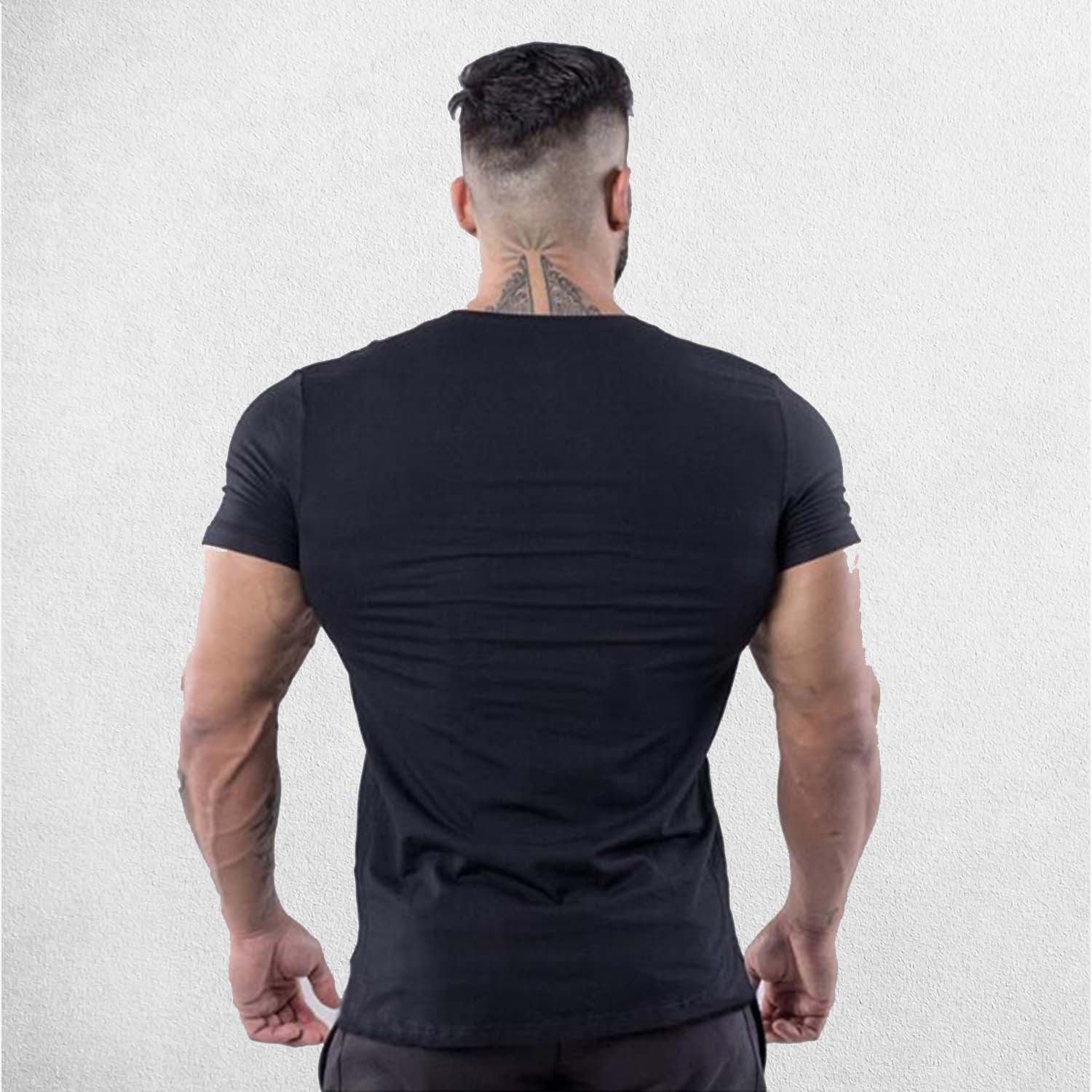 Back View of Model Wearing Black Men’s Slim-Fit Cotton Gym T-Shirt – V-Neck Short Sleeve Workout & Bodybuilding Tee