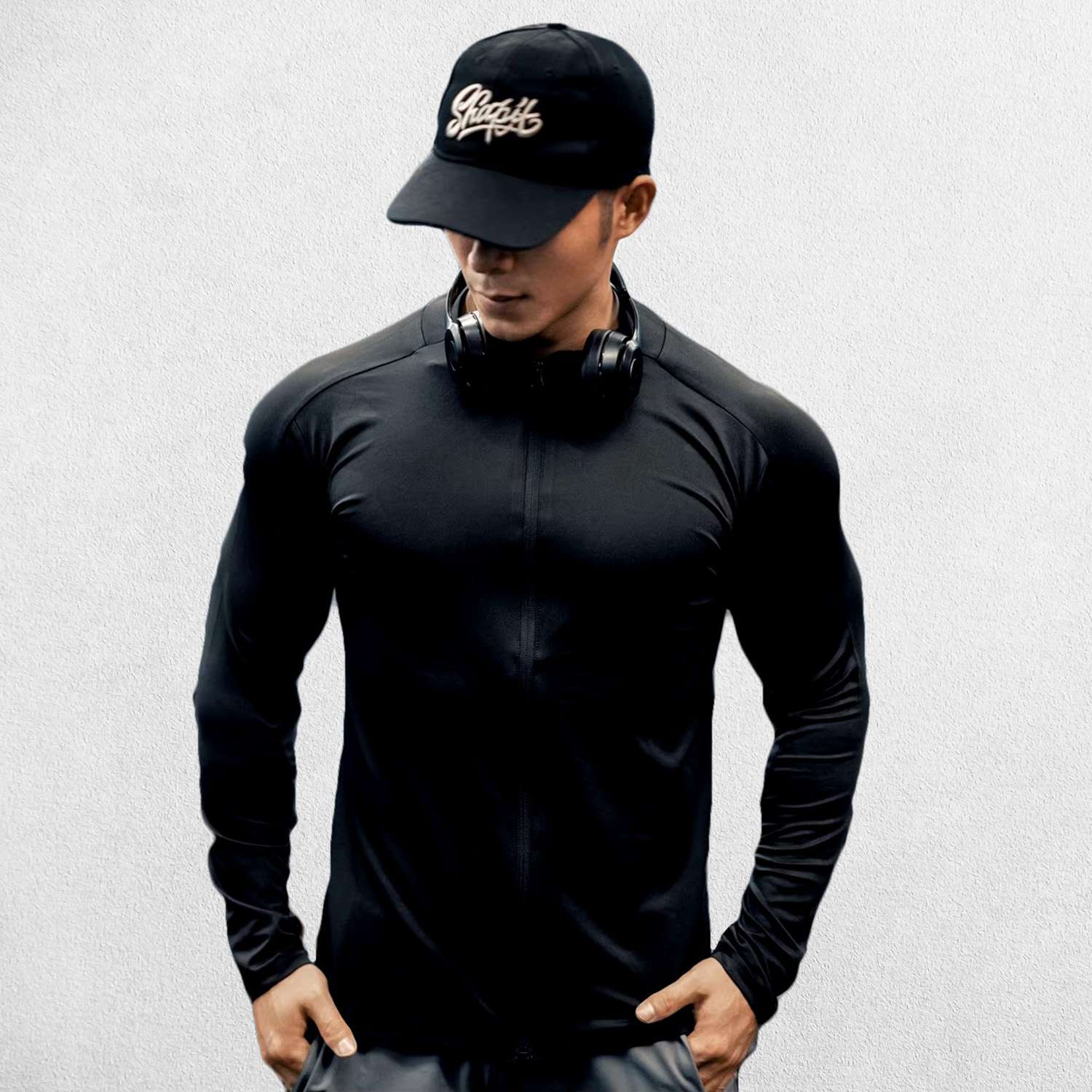 Black Slim-fit men’s compression T-shirt with zipper, lightweight design, front view.