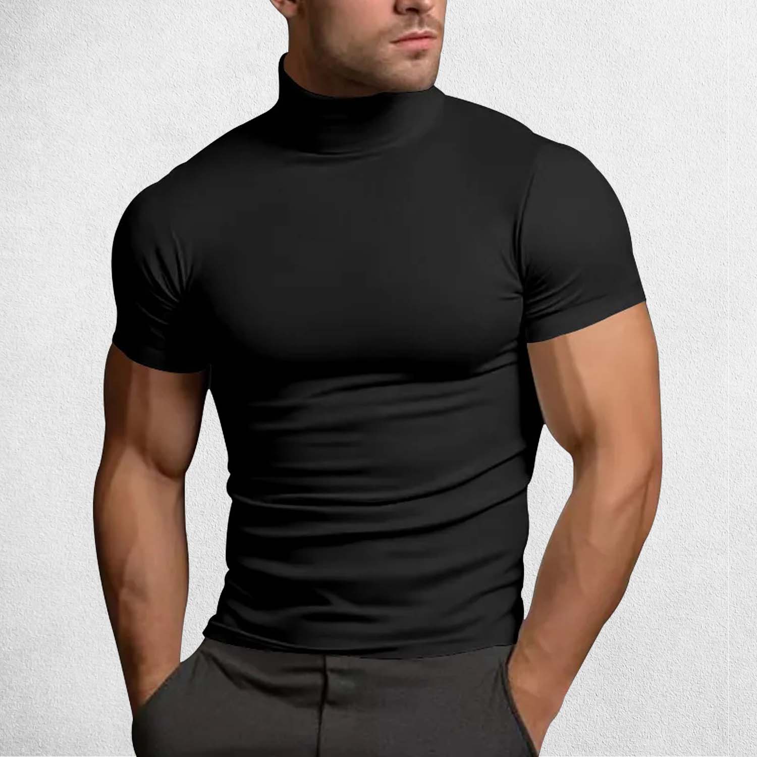 Model wearing Black Men’s Slim Fit Cross-Border Summer Solid Color Turtleneck T-Shirt for Fitness & Casual Wear