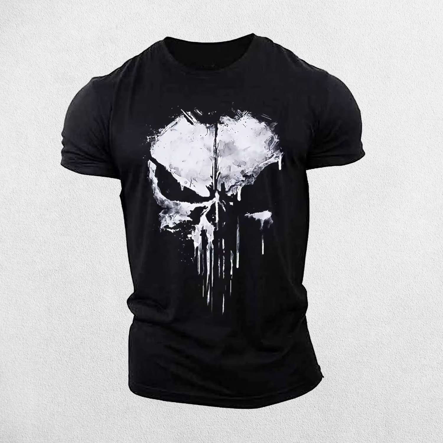 Front View of  Black Men's Stylish O-Neck Short Sleeve Gym T-shirt with 3D Punisher Skull Print Design