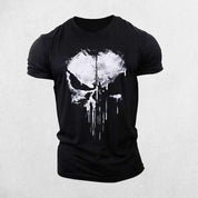 Front View of  Black Men's Stylish O-Neck Short Sleeve Gym T-shirt with 3D Punisher Skull Print Design