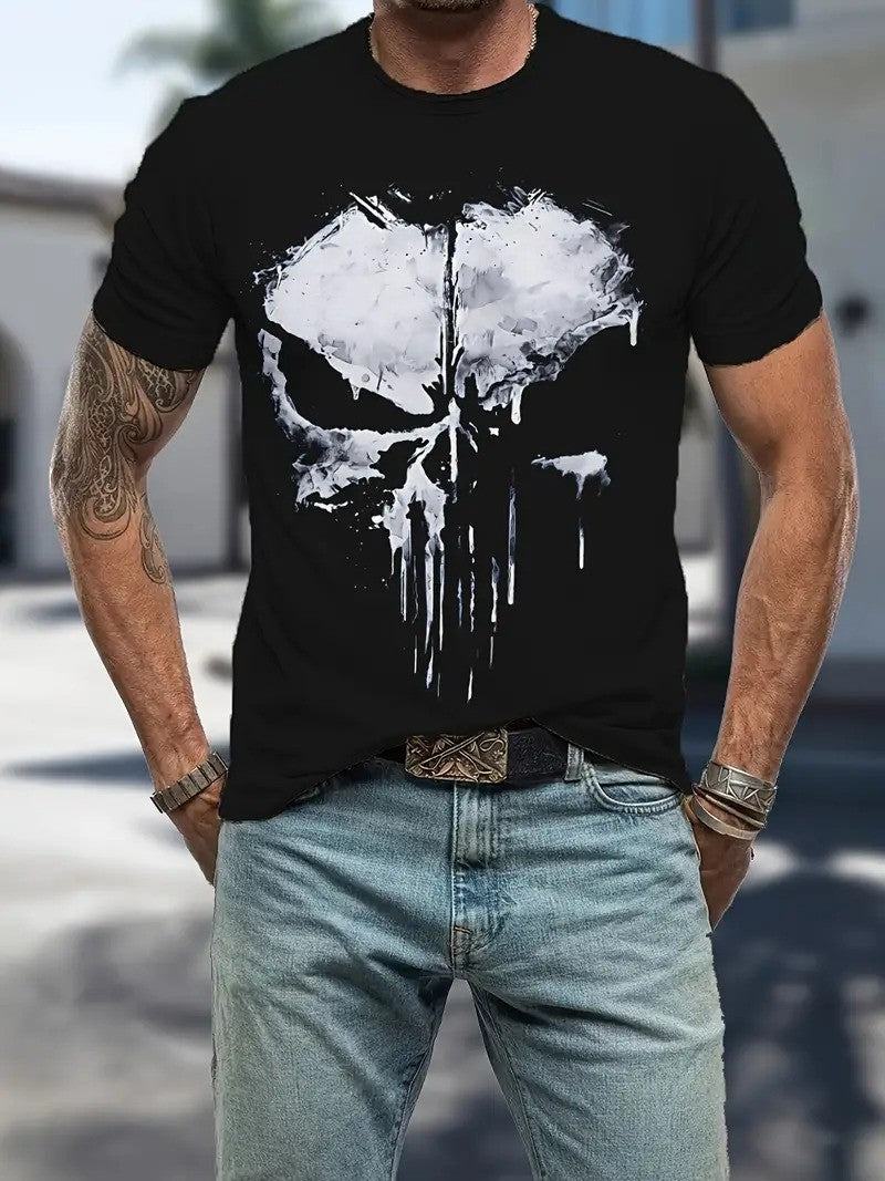Front view of a model wearing Black the O-neck short sleeve T-shirt with bold print.