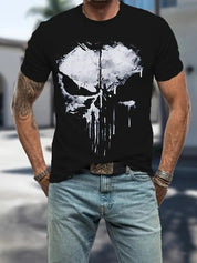 Front view of a model wearing Black the O-neck short sleeve T-shirt with bold print.