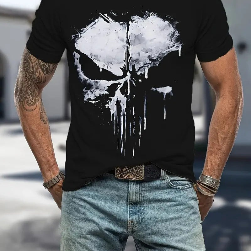 Front view of a model wearing Black the O-neck short sleeve T-shirt with bold print.