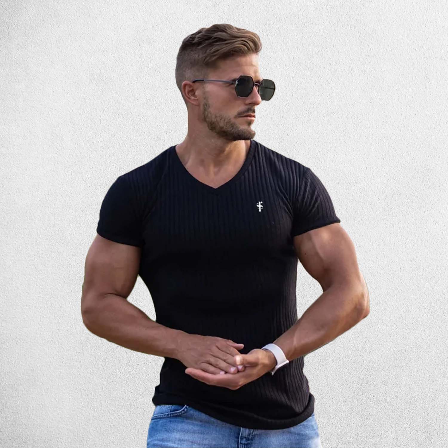 Model Wearing Black Men’s Summer Sports Fitness V-Neck Quick-Drying Breathable Striped T-Shirt with Floral Pattern in a studio background