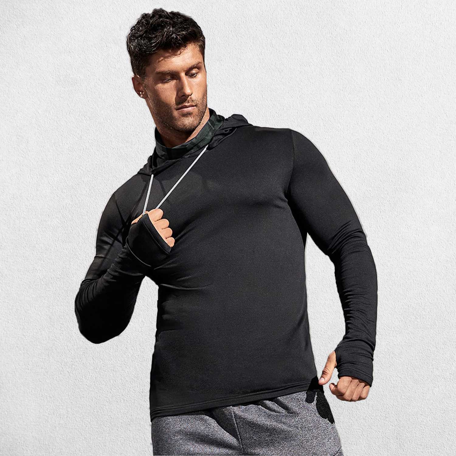Model wearing Black Men’s Sun Protection Hooded Shirt - UV-Resistant Outdoor Activewear