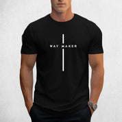 Front View of Model Wearing Black Men's Way Maker Graphic Tee - 100% Cotton, Casual Crewneck T-Shirt with Geometric Design
