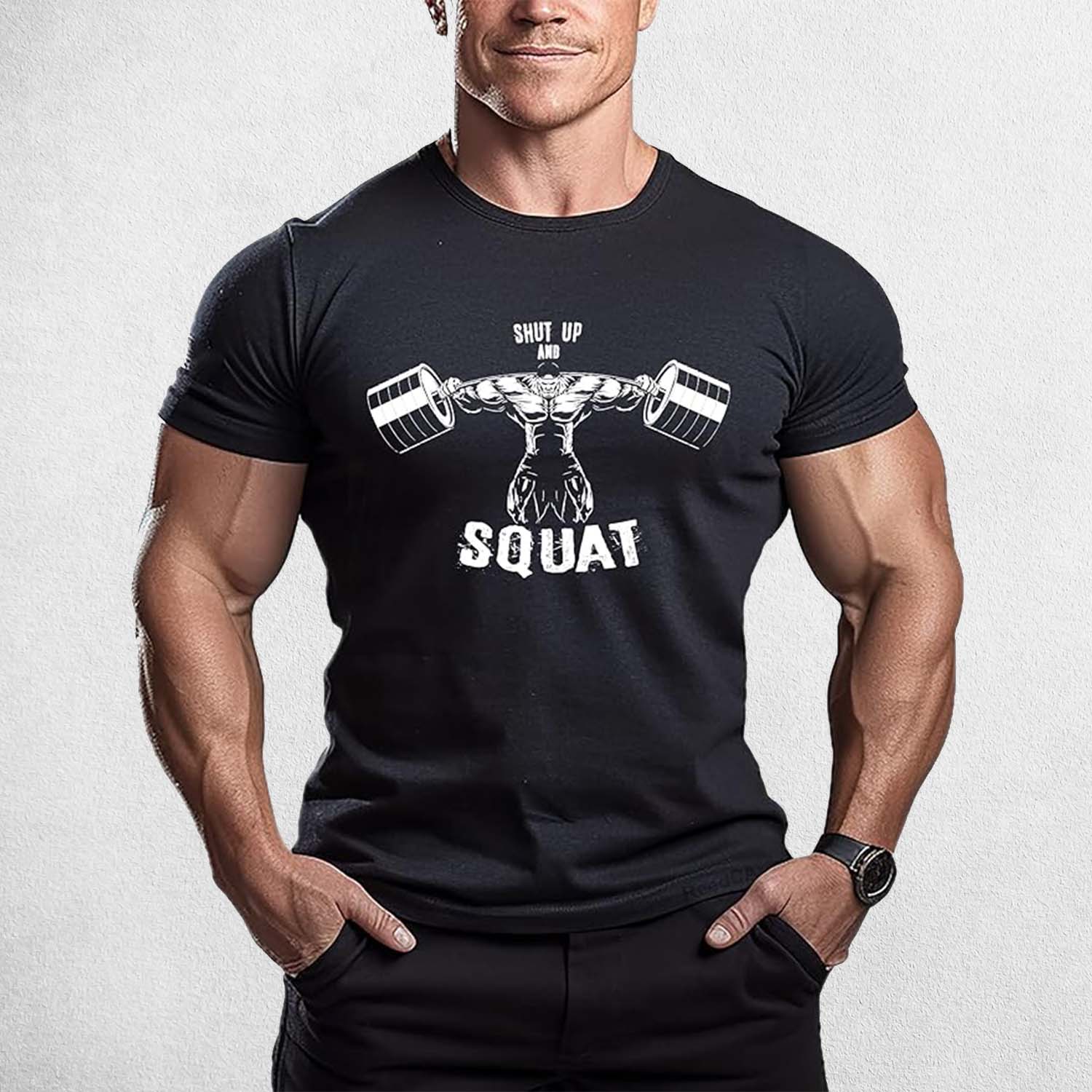 Front View of Model Wearing Black Muscle Men's Gym T-Shirt – 3D Printed, Short Sleeve, Sporty Workout & Casual Tee