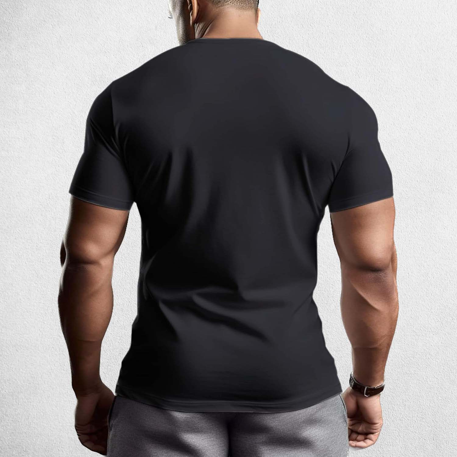 Back View of Model Wearing  Black Muscle Men's Gym T-Shirt – 3D Printed, Short Sleeve, Sporty Workout & Casual Tee