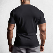 Back View of Model Wearing  Black Muscle Men's Gym T-Shirt – 3D Printed, Short Sleeve, Sporty Workout & Casual Tee