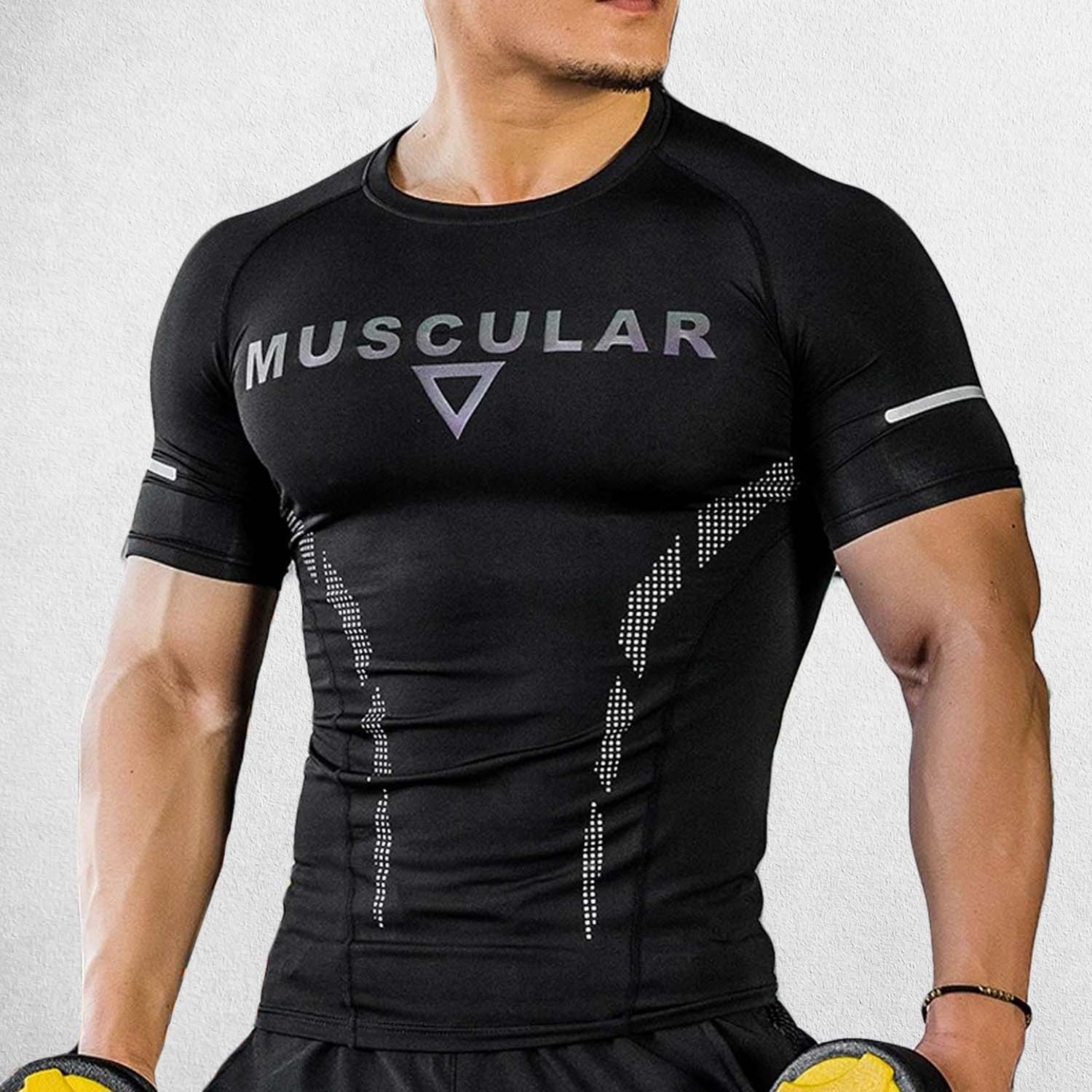 Front View Of Model Wearing Black Muscular Men’s Compression Sports T-Shirt – Quick-Dry, Slim-Fit Training & Fitness Tee for Gym, Running, and Workouts