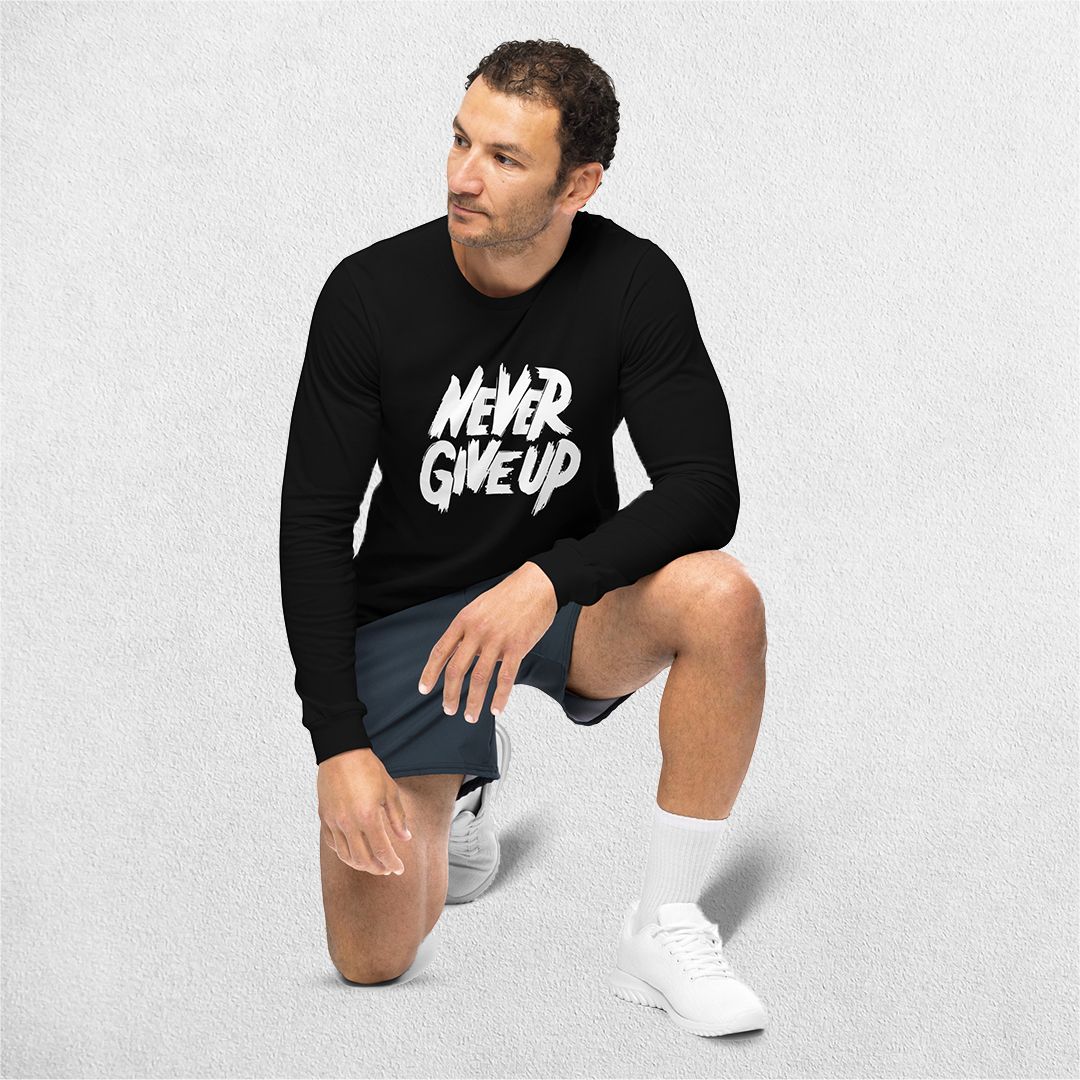 Sitting Model wearing the Black Never Give Up Full Sleeve Shirt for Men and Women in studio background