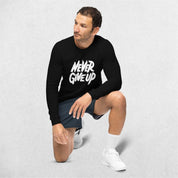 Sitting Model wearing the Black Never Give Up Full Sleeve Shirt for Men and Women in studio background