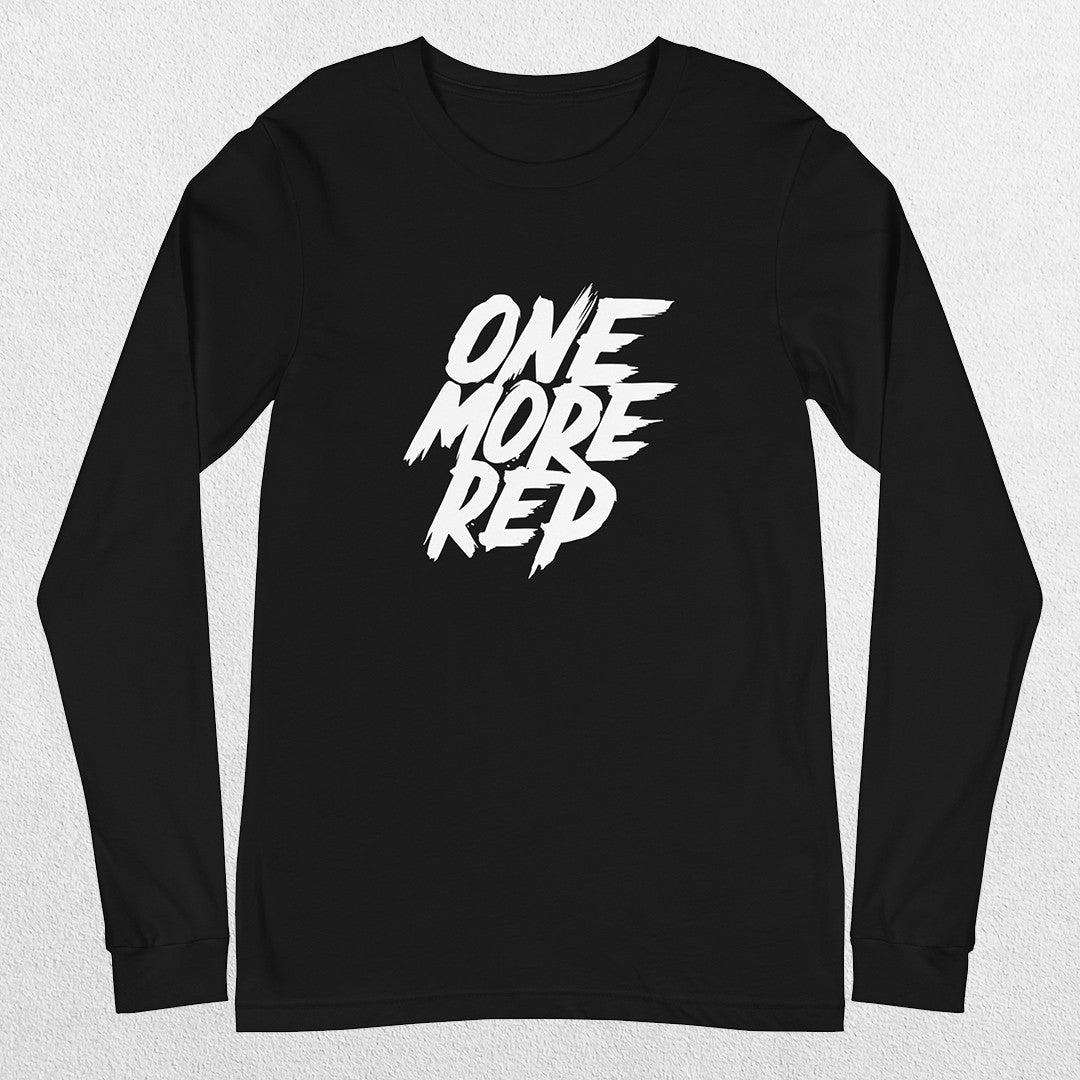 Black One More Rep High-Performance Long Sleeve Tee – Unisex Gym Wear in a studio background.