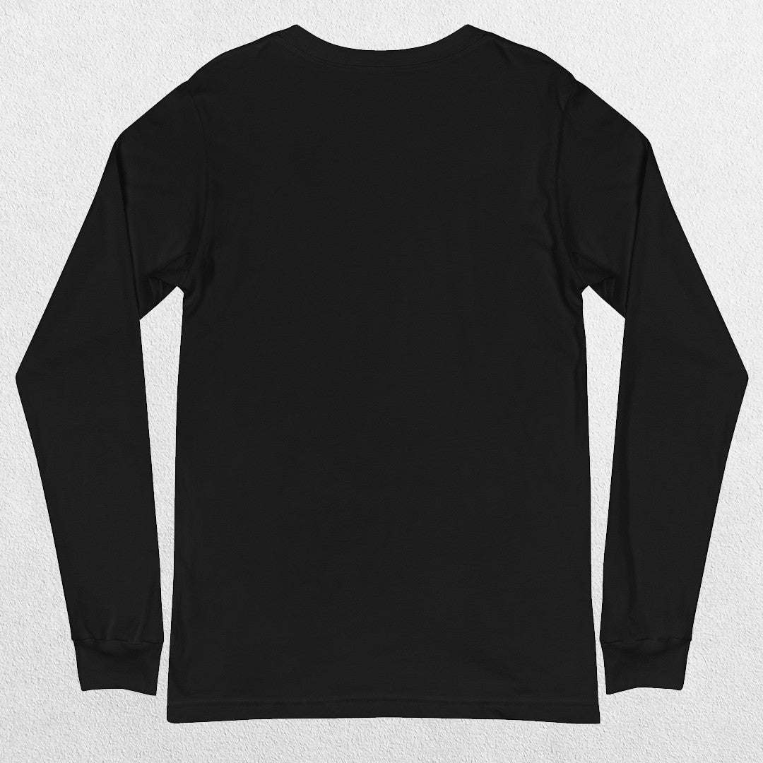 Close up of Black One More Rep High-Performance Long Sleeve Tee – Unisex Gym Wear in a studio background.