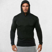 Model wearing Black Plain Cotton Activewear Long Sleeve Slim Fit Men's Hooded Shirt