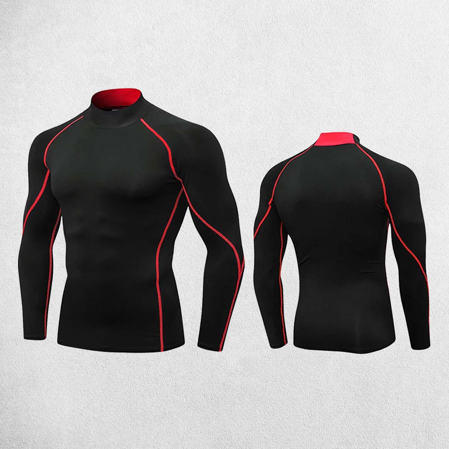 Front And Back view of Black Red Men’s Compression Turtleneck Long Sleeve Training Tee – Quick-Dry & Stretchable in a studio background