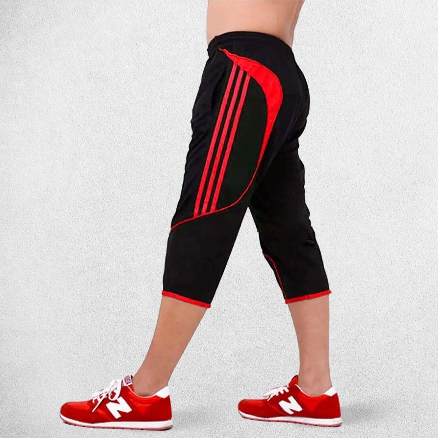 Side View of Model Wearing Black Red Men’s Summer Quick-Dry Stylish Striped Designed Athletic Sweatpants for Training & Outdoor Sports