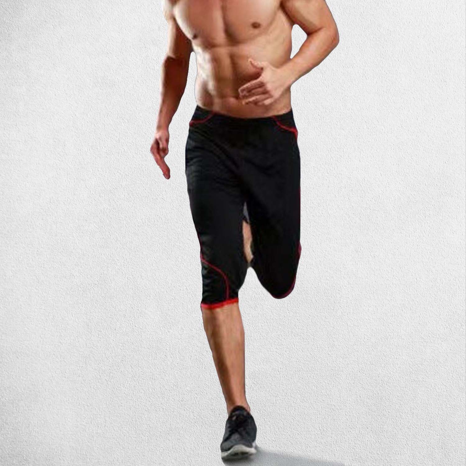 Running Model Wearing Black Red Men’s Summer Quick-Dry Stylish Striped Designed Athletic Sweatpants for Training & Outdoor Sports Showing its flexibility