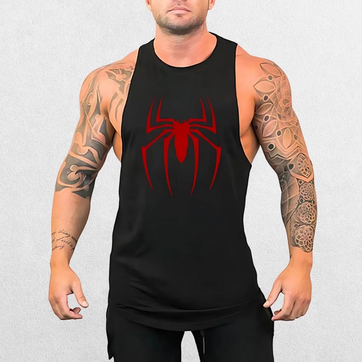 Black Red Spider Printed Running Tank Top with spider graphic, designed for performance and comfort.