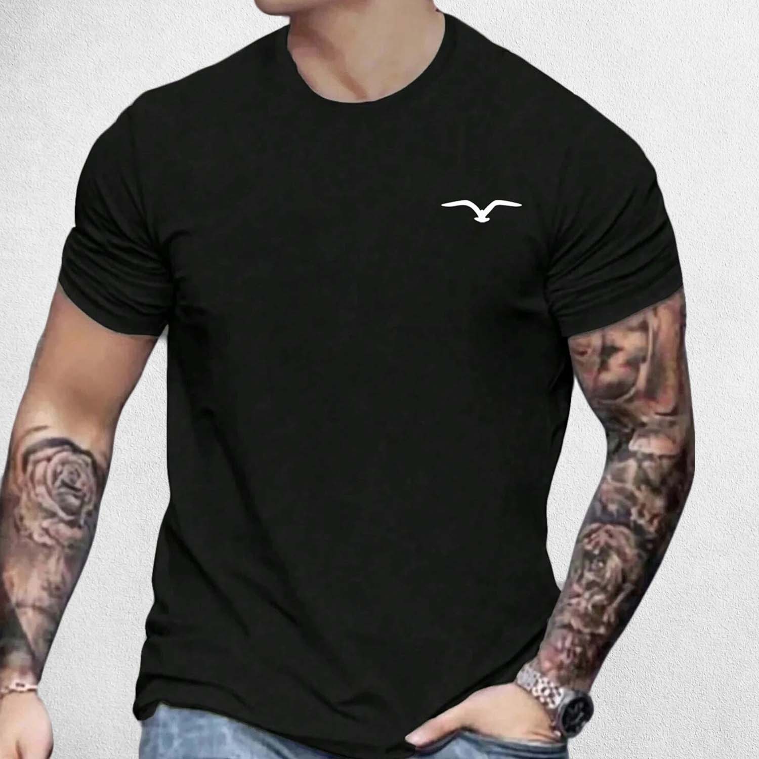 Front View of Model Wearing Black Seagull Men's Luxury Cotton T-Shirt – Casual Streetwear, Big Size, Premium Comfort
