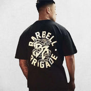 Model wearing the Barbell Brigade Oversized Pump Cover T-Shirt with Durable design