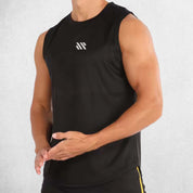 Model demonstrating shoulder mobility in Black sleeveless gym tank
