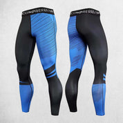 Front And back view of Black BLue Men’s compression pants with high-stretch fabric for gym workouts and running.