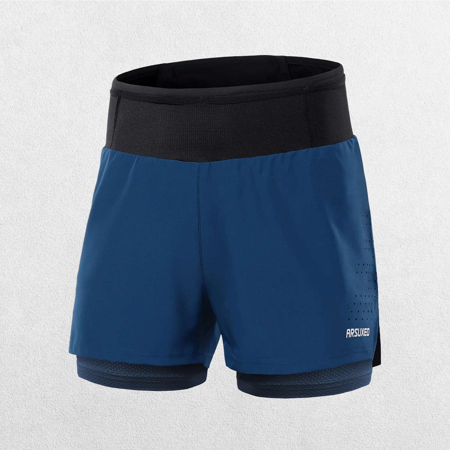 Blue GPW Men's 2-in-1 Running Shorts close-up showing dual layers